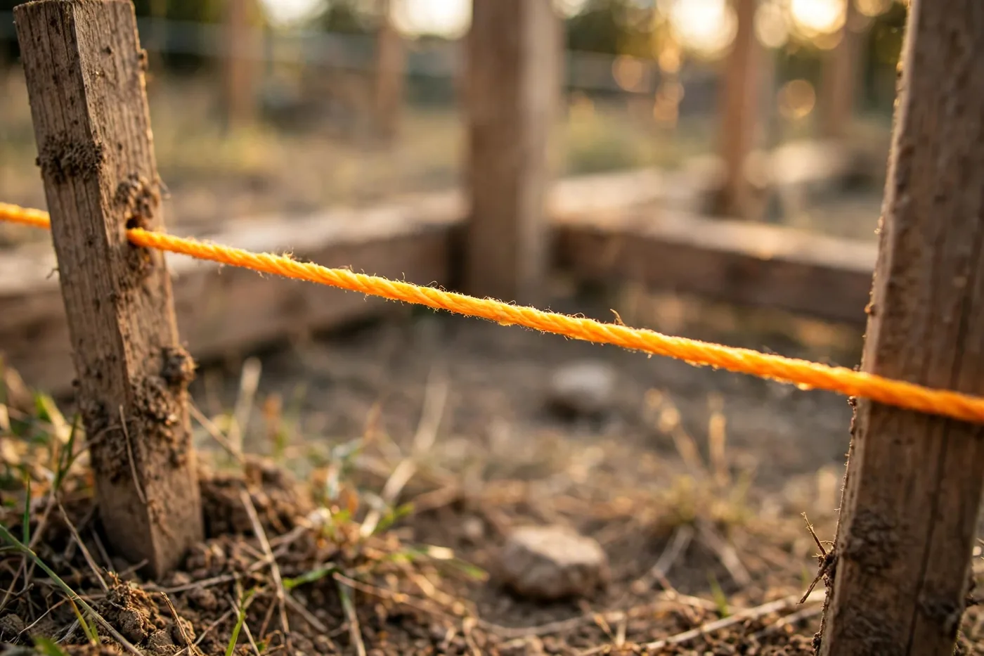 A string line pulled taut between stakes on a fence job
